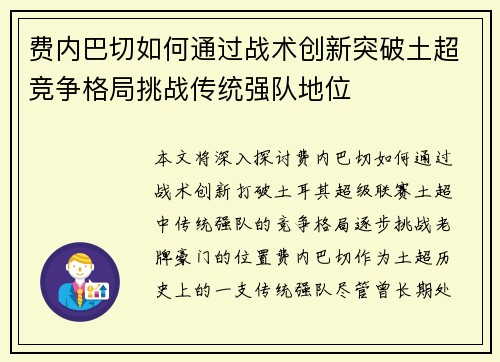 费内巴切如何通过战术创新突破土超竞争格局挑战传统强队地位